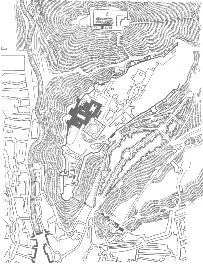 Фрагмент генерального плана Гранады с мавританским акрополем (1) и загородным летним дворцом (2)