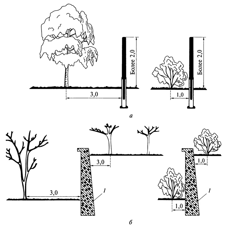 Рис. 9.4. Размещение древесных растений у оград (а) и подпорных стенок (б) (размеры указаны в м): 1 — подпорная стенка