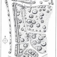 План центральной части парка Суук-Су (обмеры А.И. Колесникова): I — IV — террасы, А — грот, Б — сфинксы, В — стенной фонтан, 1 — кипарис пирамидальный, 2 — туя восточная, 3 — можжевельник виргинский, 4 — иудино дерево, 5 — кедр гималайский, 6 — магнолия крупноцветная, 7 — лавр благородный, 8 — кедр атласский, 9 — пихта греческая, 10 — пихта кавказская, 11 — ель колючая серебристая, 12 — туя восточная пирамидальная, 13 — кедр атласский, 14 — кедр ливанский, 15 — пиния, 16 — кедр речной, 17 — самшит шаровидны