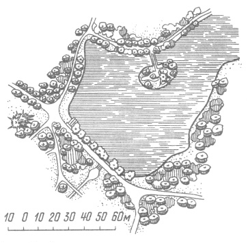 Расположение острова в зависимости от формы водоема и направления дорог (парк Софиевка)