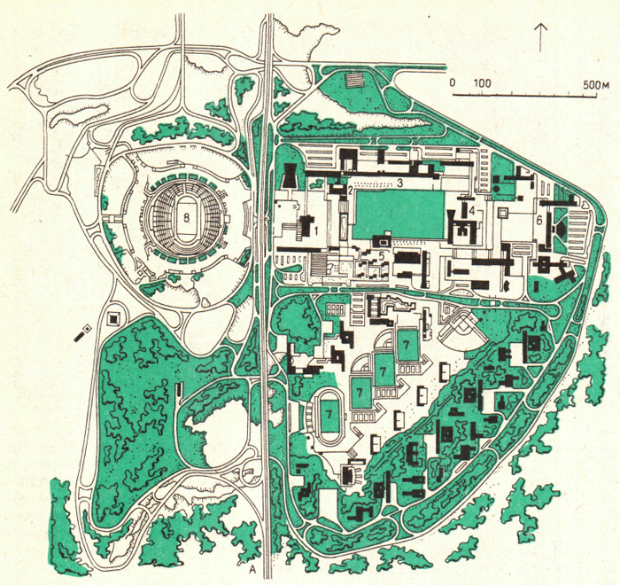 План университетского спортивного комплекса, расположенного к югу от Мехико
