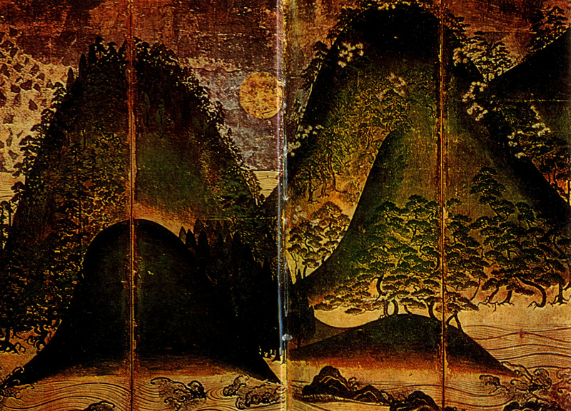 Пейзаж с солнцем и луной. Настенная роспись в храме Конгондзи в Осака. 17—18 вв.