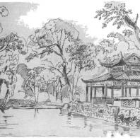 11. Павильон у воды в парке города Ханчжоу