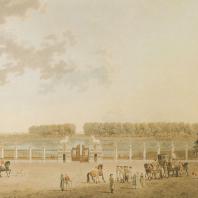 Вид с балкона Останкинского дворца. Гравюра Д.С. Лафона по рисунку Ж. Делабарта. 1790-е гг.