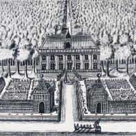 Усадьба Екатериненгоф заложенная в память победы над шведами в морском сражении в мае 1706 г. Гравюра А. Зубова, 1717 г