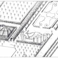 Фрагмент Летнего сада с цветочным партером и амфитеатром. Архитектор В.В. Растрелли