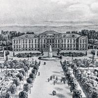 Панорама центральной части дворцово-паркового комплекса в Рундале