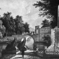 Марфино (1840 г.). Пристань, фонтан и мост в парке. Лист из альбома с видами усадьбы