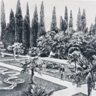 Никитский ботанический сад Аллея пальм (со старинной почтовой открытки)