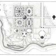 Генеральный план парка Богородицка (по А. Т. Болотову, 1785 г.): I — Церерина роща, II — необработанная часть, III — дворцовая часть 