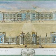 Вид Екатерининского дворца в Царском Селе со стороны парадного двора и циркумференций. Гравюра с картины Махаева М.И. 1761 г.